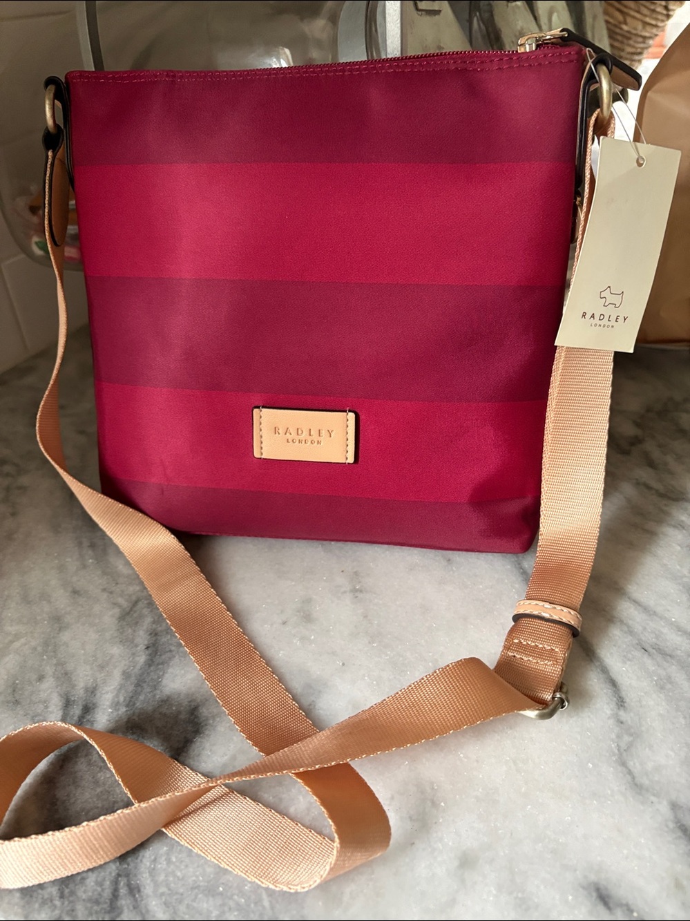 RADLEY LONDON Red and Burgundy Striped Crossbody with Tan Accents